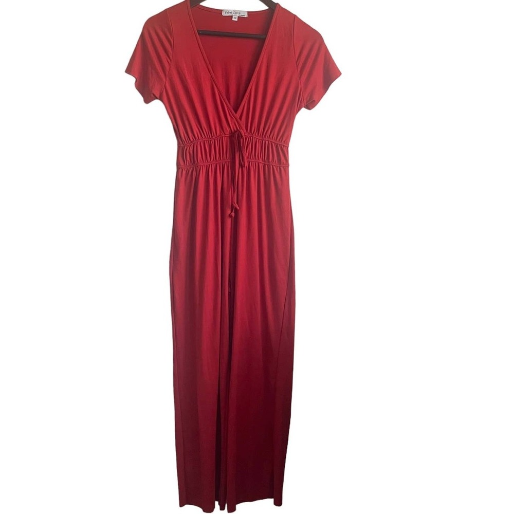 Velvet Torch Women Jumpsuit S Red Smocked Empire Wide Leg Y2K Retro Cottagecore